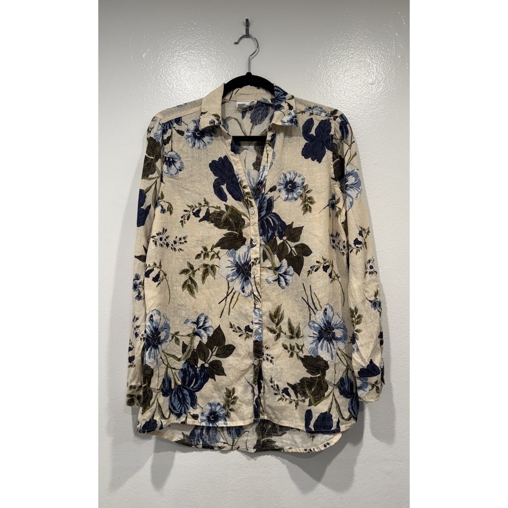 Cynthia Rowley Floral Linen Shirt Small Button Front Coastal Grandma Cottage